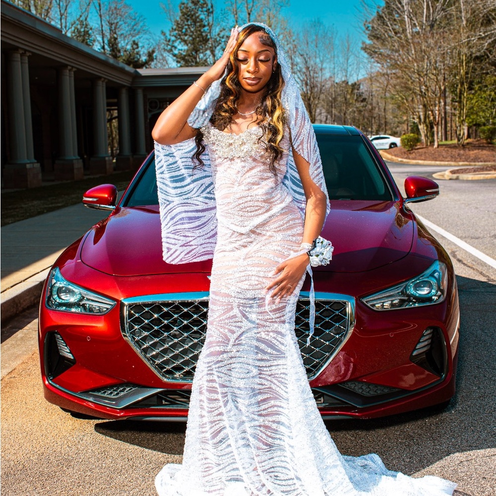 Silver Sheer Lace Evening Gown with Matching Shawl